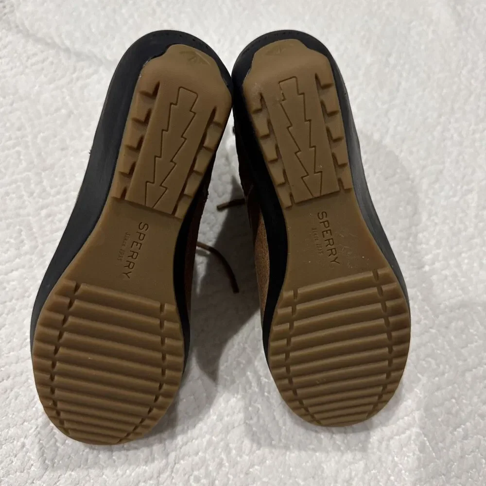 NEW  Sperry Luca Peak Tan brown suede leather fur lined wedge hiking boot Sz 5.5
